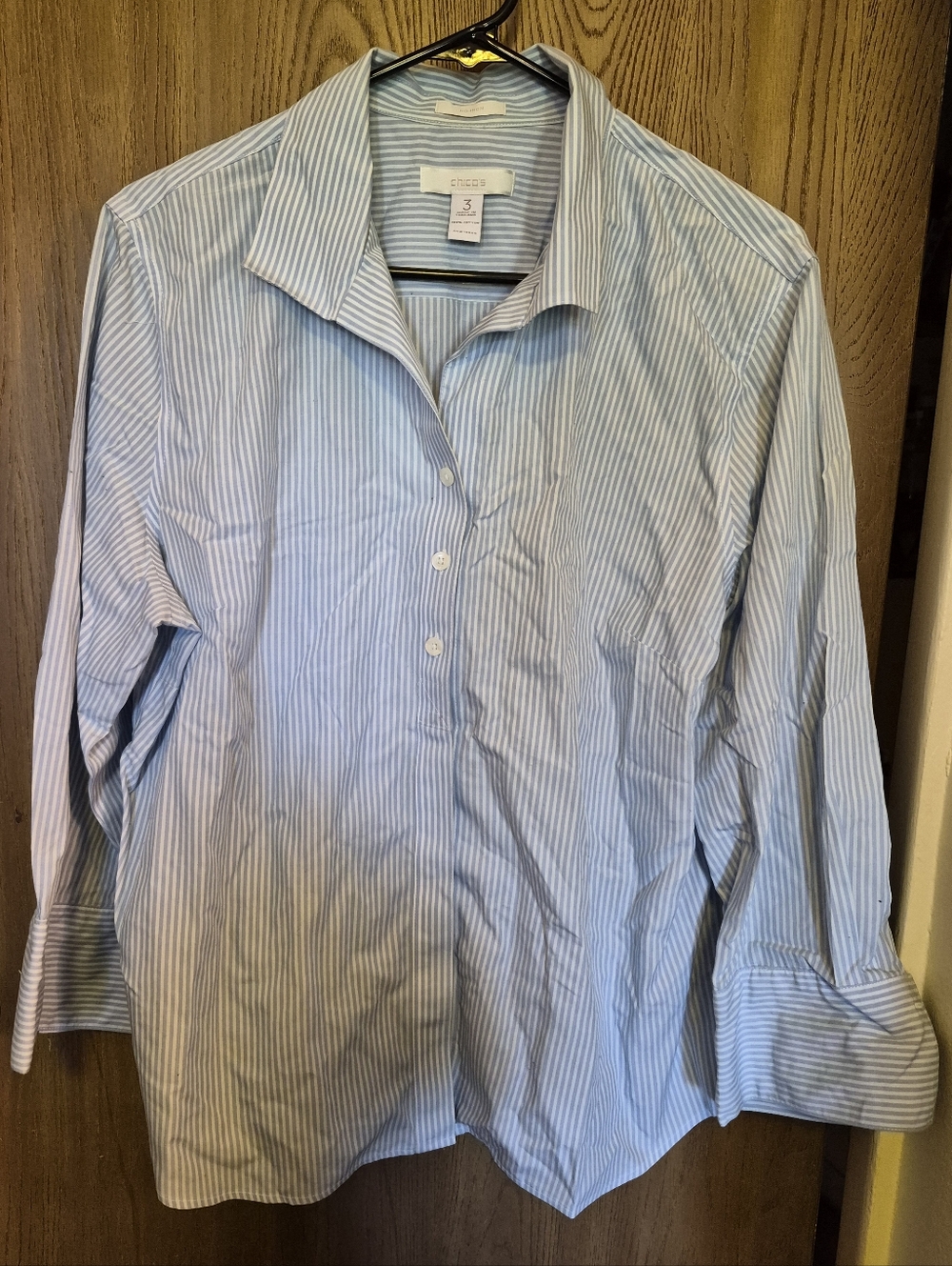 Chicos No Iron Button Up Top 3/4 Sleeve Blue White Striped Cotton Stretch 3 XL